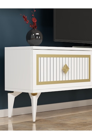 Nil Şömineli Tv Ünitesi Beyaz-altın