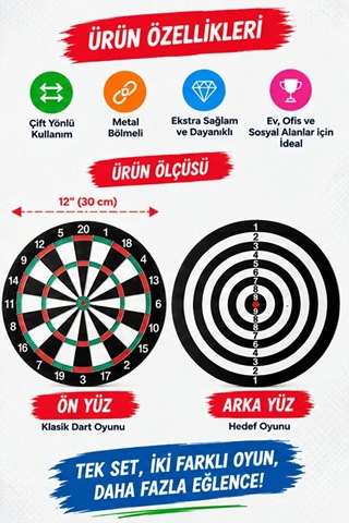 Çift Taraflı Dart Tahtası Seti 4 Çelik Oklu Dart Hedef Tahtası Oyunu Takımı