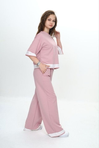 Kız Çocuk %100 Pamuk Kısa Kollu Garnili Truvakar Kol 2 İplik Alt&üst Eşofman Takımı-285-eşt-0011 Pudra