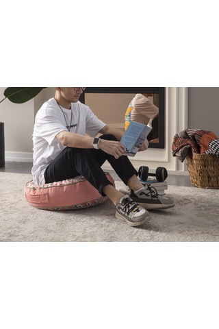 Çiçek Desenli Taşınabilir Yuvarlak Yer Minderi Puf 60x60 Cm