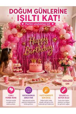 Pembe Folyo Parti Perdesi 100x200 Cm Doğum Günü Baby Shower Arka Fon Süs Dekoru