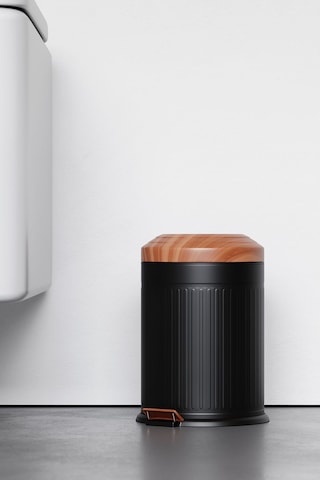 Zift Unique Mat Siyah Çöp Kovası- Vintage Model Ahşap Desenli 5lt Kovalı Çöp Kutusu, Amortisörlü Çöplük Siyah