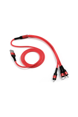 Kosona 1.2 Metre Kırmızı 3'lü Usb Şarj Kablosu - Lightning, Type-c Ve Micro Usb Uçları İle Hızlı Şarj
