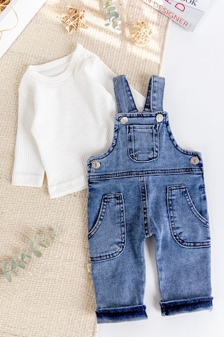 Çep Detaylı Erkek Bebek Salopet Tulum Set mavi