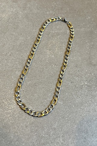 Figora Model Erkek Kalın Yassı Gümüş Ve Altın Çift Renk Gold Silver 316l Paslanmaz Çelik 50cm Kolye