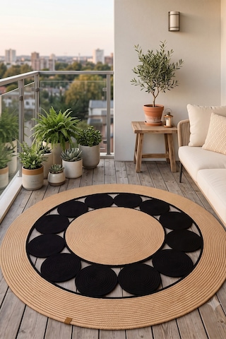 Jüt Hasır Yuvarlak Kilim Halı Yolluk Dekoratif Örgü Halı Doğal Görünümlü Bohem Kilim Salon Oturma Odası Balkon Mutfak Yatak Odası Koridor 7223bambusiyah