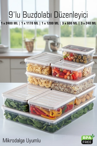 9 Lu Buzdolabı Düzenleyici Saklama Kabı Seti Mikrodalga Uyumlu Bpa Free Dolap İçi Düzenleyici Antrasit Kapak