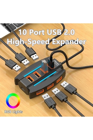 Xuweiwei 1 Adet Siyah Yüksek Hızlı 10 Portlu Usb 2 0 Hub Rgb Işıklı Çoklu Cihaz Ayrıcı Veri Aktarım Tak Çalıştır 36v Bilgisayar Aksesuarı