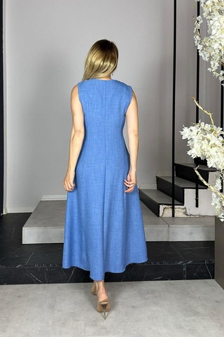 G1385 Zincir Detaylı Kolsuz Keten Elbise İndigo Indigo