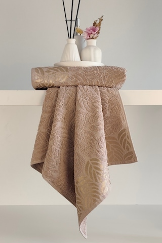 2'li Jakarlı Yaprak Desenli %100 Pamuk El Yüz Havlusu-50x90cm-kapuçino Cappuccıno Cappuccino