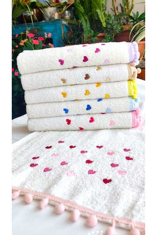 Annem 30x50 Cm. 6'lı Set Kalp Nakışlı Ponponlu Bukle Havlu Set