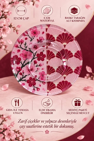 6 Lı Cam Çay Tabağı Kiraz Çiçeği & Japon Yelpaze Desenli 12 Cm 6 Adet Çay Tabak Pembe