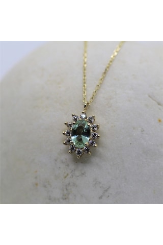 Green Topaz 0,90 Ct Nano Yeşim Taşı 0,24 Ct Pırlanta Sıgnty Anturaj 14 Ayar Altın Kolye-hediye Altın Kolye
