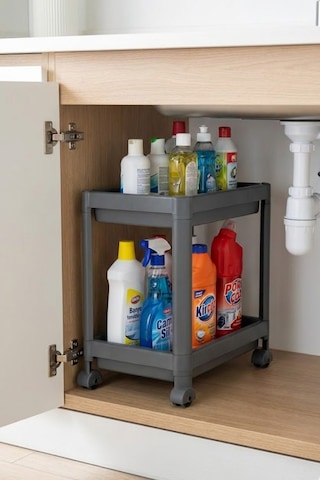 2 Katlı Tekerlekli Tezgah Altı Raf Düzenleyici Organizer, Banyo Lavabo Altı Düzenleyici "antrasit" Antrasit