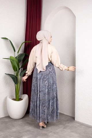 Hira Life Fashion Asimetrik Kesim Etnik Desen Astarlı Tül Tesettür Etek Gri Gri