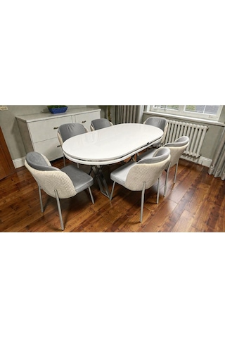 Msy Home 6 Kişilik Aura Krom Serisi Beyaz Lake Oval Yemek Masası Ve Puffy A.gri Sandalye Takımı Modern Krem-açık Gri
