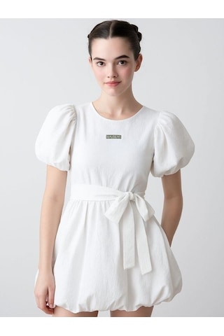 Kız Çocuk Poplin Balon Tasarım Elbise-15794 Ekru