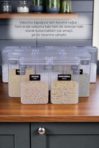 6'lı Etiketli Erzak Bakliyat Kiler Dolap Mutfak Düzenleyici Saklama Kabı Seti 3000 Ml Şeffaf