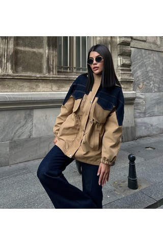 Cemo Denim Detaylı Rüzgarlık Ceket Fermuarlı CAMEL