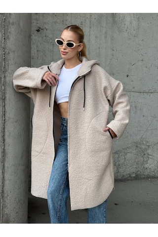 Kapüşonlu Fermuarlı Uzun Ceket Taş