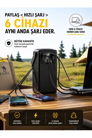 50000mah 22.5w Hızlı Şarj Powerbank Kamp Lambalı Led Işıklı Dahili Kablolu Usb Type-c Girişli siyah