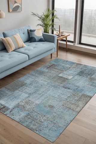 Cosy Patchwork Desenli Şönil Pamuk Tabanlı Yıkanabilir Kaymaz Antibakteriyel Salon Halısı 80x200 Çok Renkli
