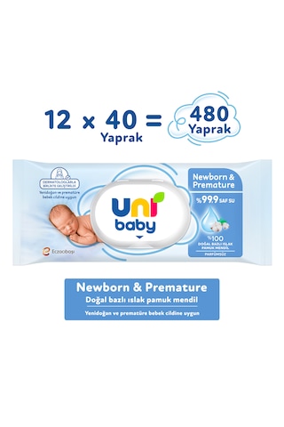 Uni Baby Newborn & Premature Yenidoğan Islak Pamuk Mendil 12x40 480 Yaprak 12'li Set