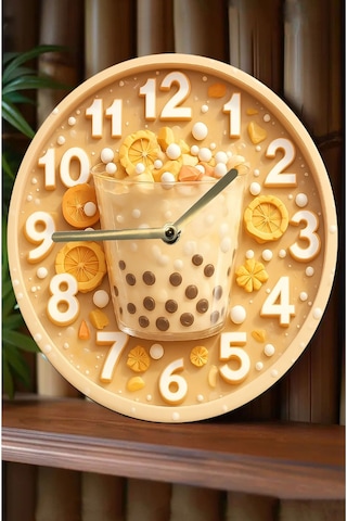 Zamanın Tadı Bubble Tea Temalı Sessiz Yuvarlak Ahşap Duvar Saati, Kuvars Coffe Desen 2d Sdw2014 Renkli