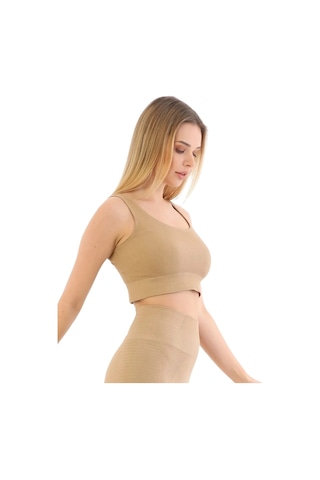 Fantazer Premium Göğüs Toparlayıcı Sarkma Önleyen Spor Günlük Kalın Askılı Pedli Fitilli Crop Büstiyer Vizon