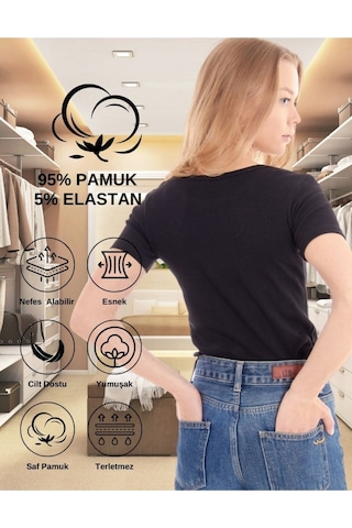 Alya Underwear V Yaka Kaşkorse Kumaşlı Kısa Kollu Bluz, Esnek Ve Pamuklu Kumaş Badi, Bej Kemik Body Siyah