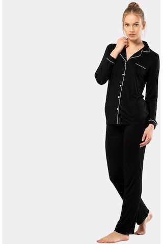 Türen Düz Uzun Kollu Gömlek Yaka Pijama Takım 001