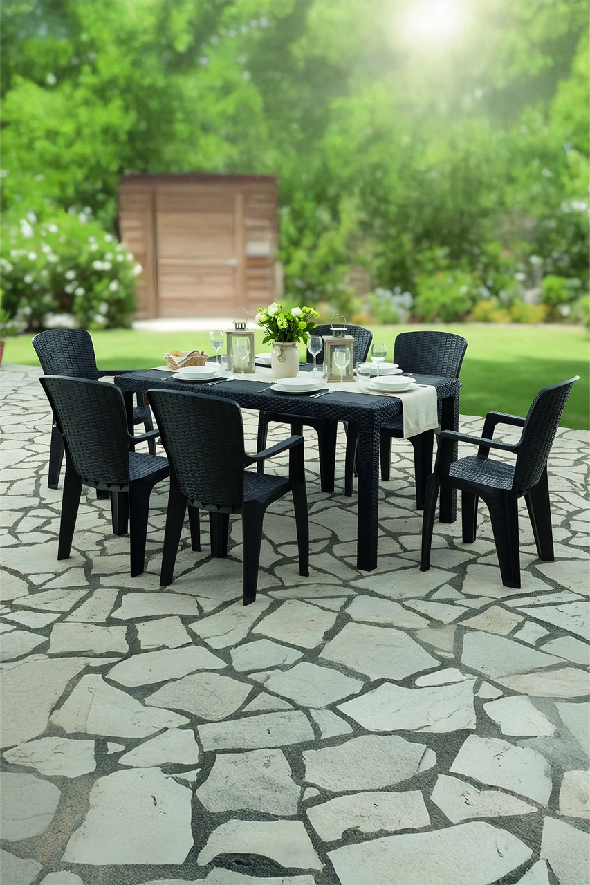 Side 6 Kişilik Rattan Masa Sandalye Takımı Siyah Siyah