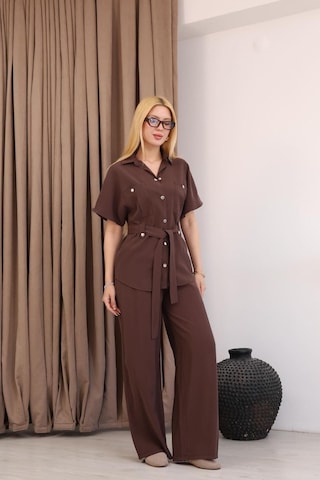 Famoda Taba Kısa Kollu Beli Bağlamalı Tunik Pantolon Takımı