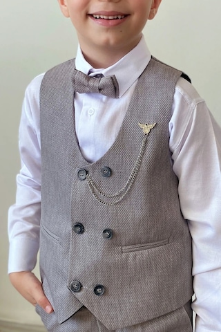 Erkek Çocuk Takım Elbise Papyonlu Yelekli Takım Elbise Gri