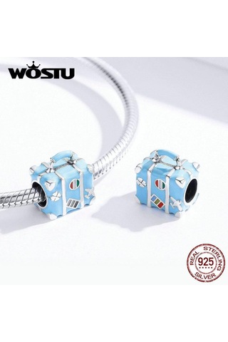 Wostu Moda 925 Ayar Gümüş Bavul Bagaj Mavi Boncuk Fit Orijinal Bilezik Charm Kolye Gümüş