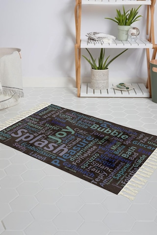 Banyo Halısı Dijital Baskılı Banyo Paspası 50x80 Polyester Kaymaz Tabanlı Duş Paspası World Cloud Beyaz - Siyah