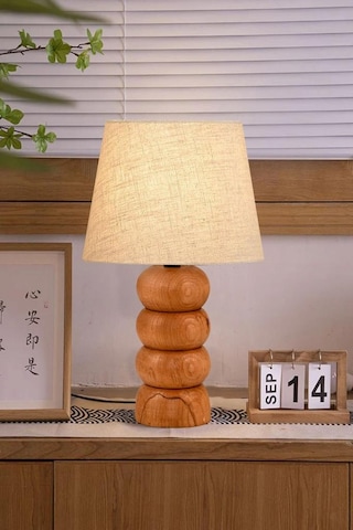 Rika Masif Ahşap Ayaklı Keten Kumaş Başlık Abajur Dekoratif Masa Lambası Keten