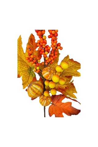Yapay Çiçek Turuncu Kokina Halloween Turuncu Sonbahar Çınar Yapraklı Dal 45cm Yılbaşı Çiçeği Red Berry Turuncu