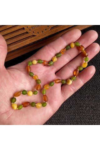Sertifikalı Mat Yeşil Konyak 32 cm Kız Erkek Bebek Diş Kolyesi Gümüş