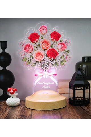 Kırmızı Ve Pembe Gül Buketi Led Lamba Kişiye Özel Sevgili, Eş Ve Yıldönümü Hediyesi