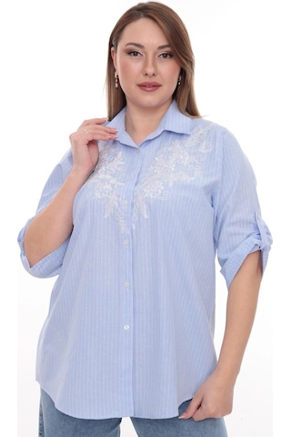Lady Majestic Büyük Beden Cotton Nakış Detaylı Çizgili Gömlek Şık Ve Rahat Mavi