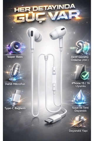 Type-c Kablolu Kulaklık Apple Uyumlu iPhone 15 16 Serisi Ve Android Type-c Telefonlarla  Mikrofonlu Diğer