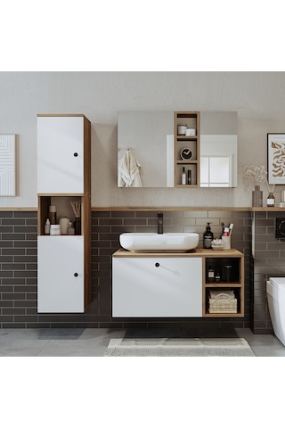 "lavabolu" Mdf 95 Cm Çekmeceli Lotus Oval Lavabolu Banyo Dolabı Atlantik Çam - Beyaz
