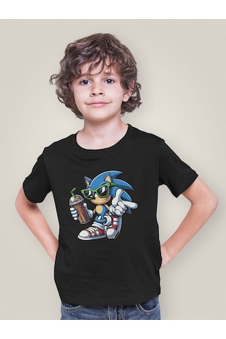 Sevbano Havalı Sonic Baskılı Unisex Çizgi Film Çocuk Tişört 1-12 Yaş Siyah