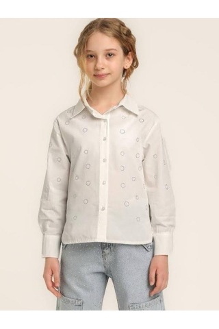 Kız Çocuk Pamuklu Uzun Kollu Taşlı Gömlek-15670 Beyaz