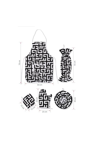 6 Parça Mutfak Seti & Mutfak Önlüğü , Fırın Eldiveni , 2li Tutacak , Organizer Poşetlik , Demlematiksiyah Labirent