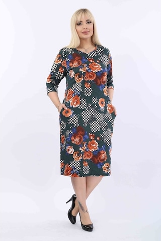 Desenli Cepli Büyük Beden Elbise 37C-2009 Yeşil