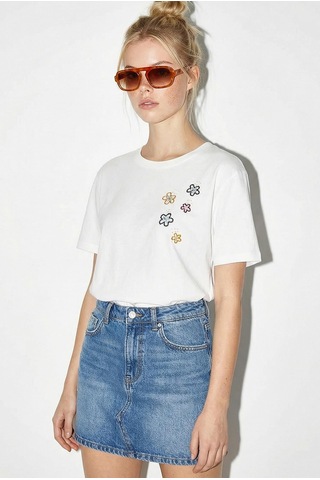Shade Kadın Pamuk El İşi Çiçek Nakış Detaylı Tasarım T-shirt 1005 60282050 - Beyaz L