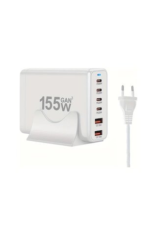 Motion003 155w 6 Portlu Masaüstü Şarj Cihazı Usb C 65w Ve Usb A 18w Hızlı Şarj Beyaz Avrupa Fişli Adaptör Dizüstü Bilgisayar İphone Uyumlu İçin