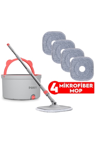 Pony Gri 4 Adet Mikrofiber Mop Temiz & Kirli Suyu Ayırma Özelliği Otomatik Temizlik Seti Paspas